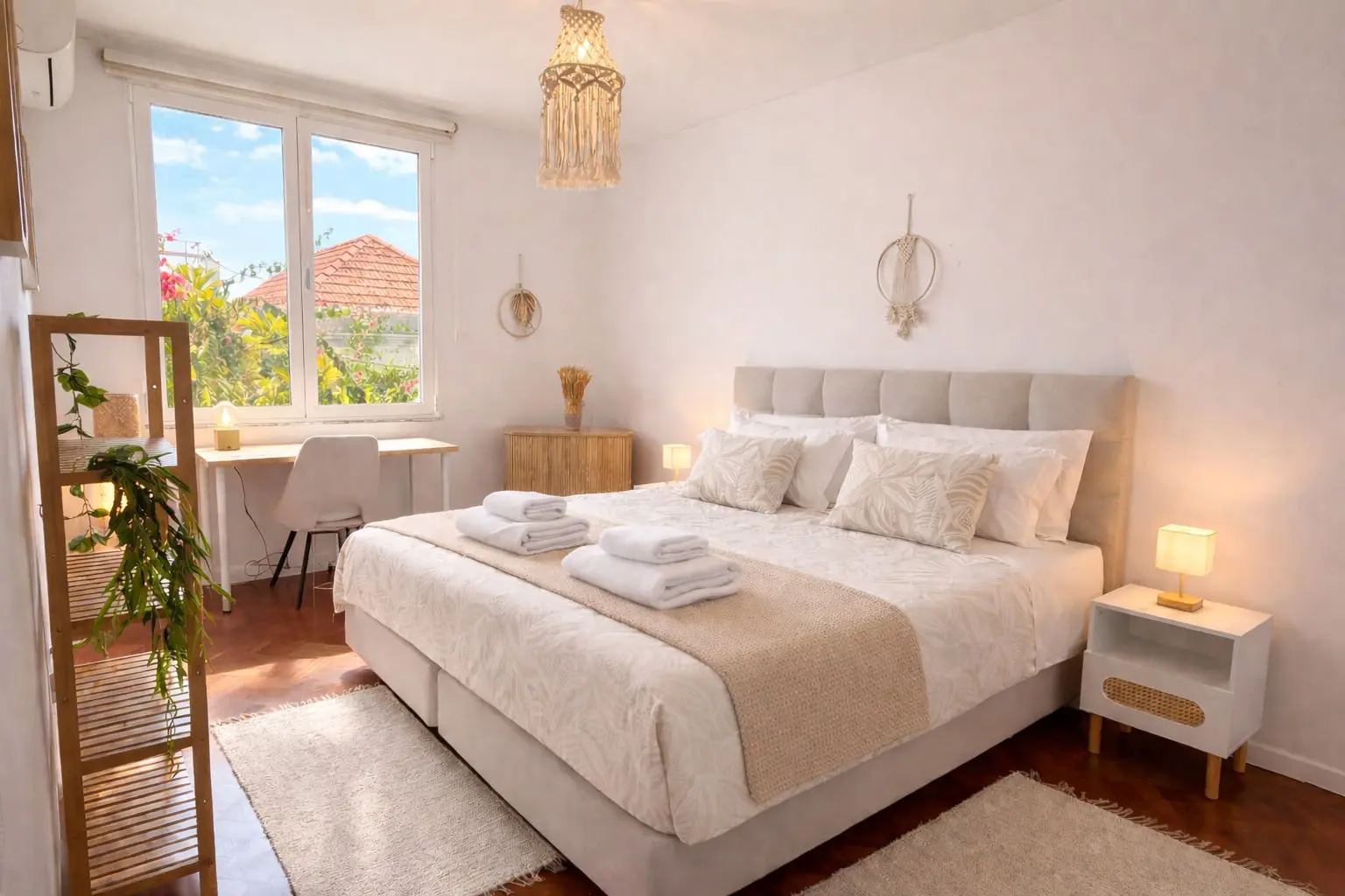 Room 2: double bed with upholstered headboard and a desk by the window